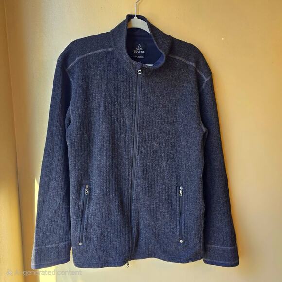 Prana Mens Full Zip Jacket Size XL Knit Ribbed Pockets Gray Wool Blend Mock Neck - Picture 1 of 10